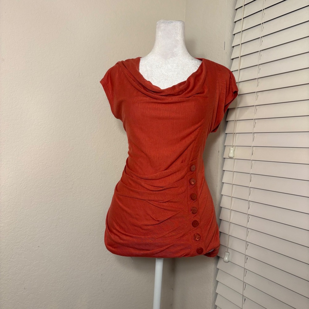 Jana Burnt Orange Cowl Neck Pleated Indie Cap Sleeve Size M